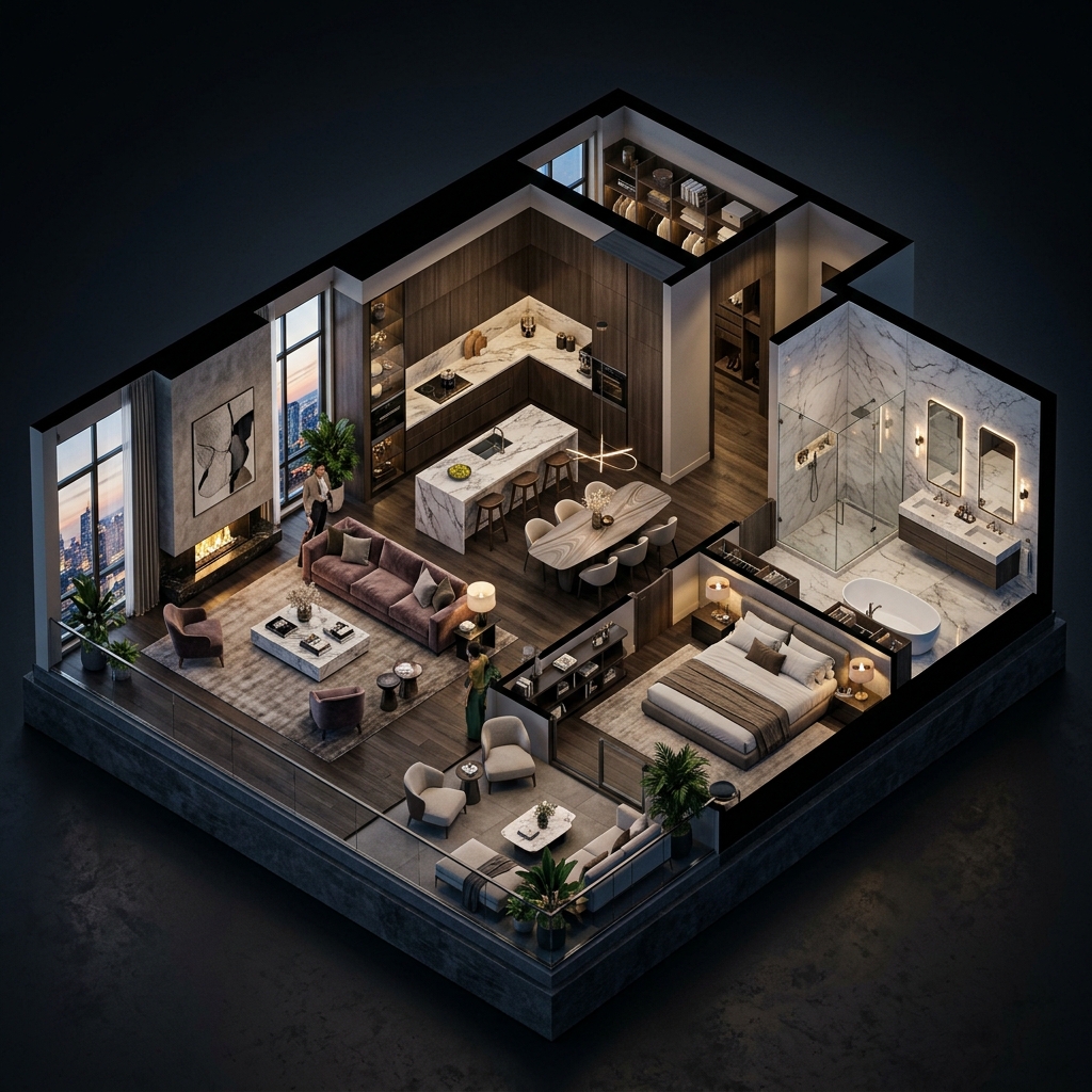Cinematic isometric cutaway of a luxury two-bedroom residence