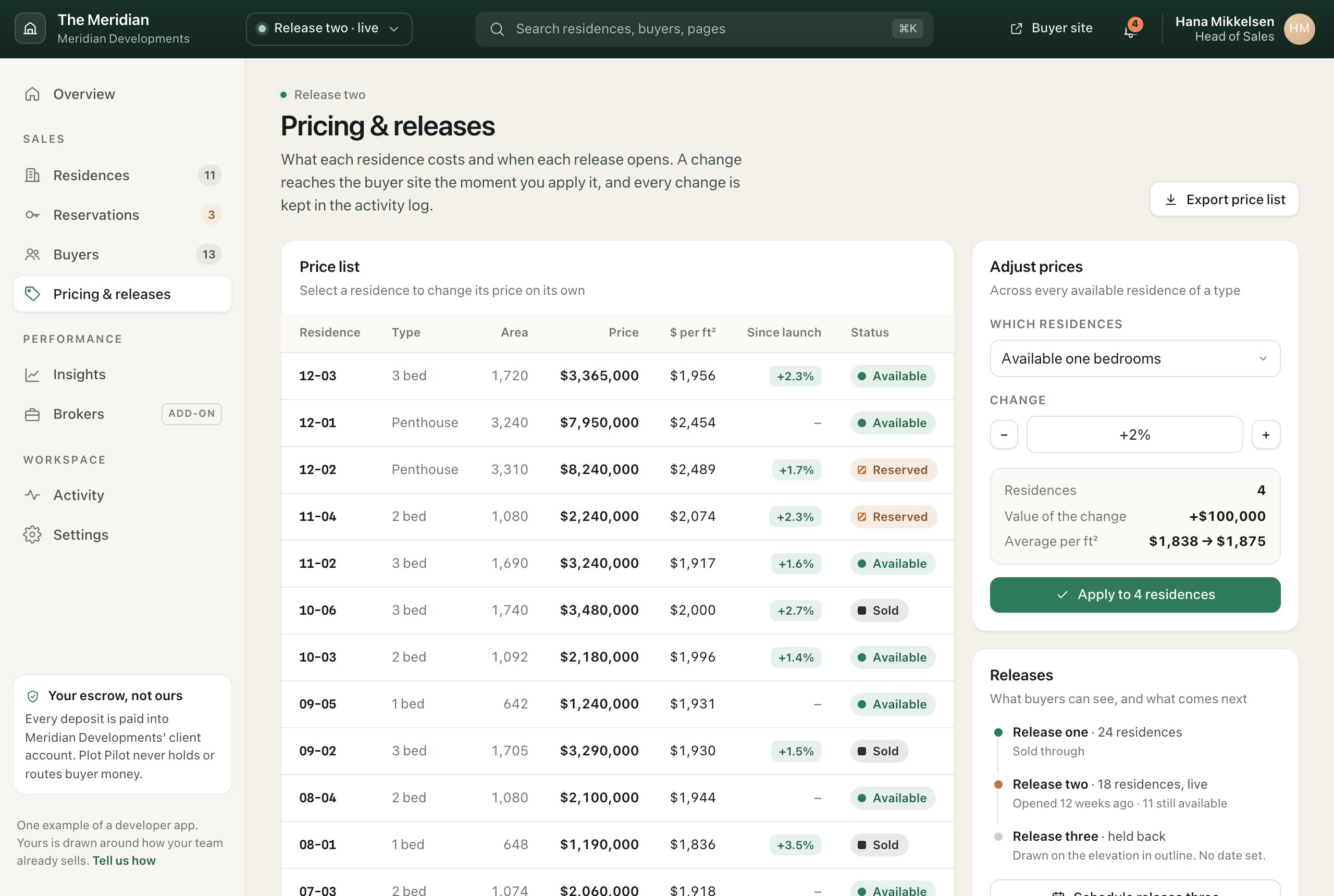 Pricing and releases: the price list with change since launch, a bulk price adjustment previewed before it is applied, and the release schedule