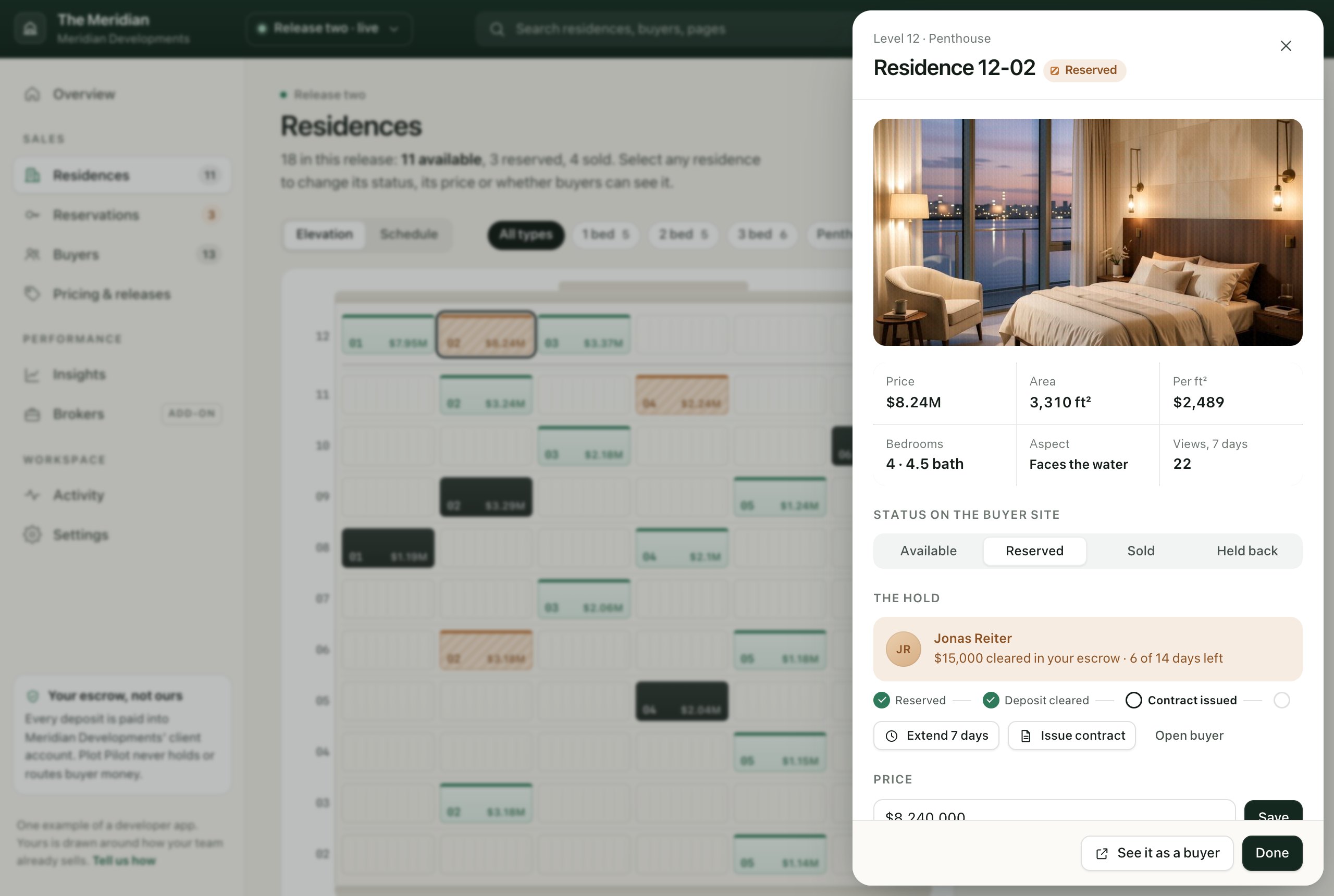 Residence 12-02 open in the developer app: its photo, price, area and aspect, its status on the buyer site, the buyer holding it and the steps to exchange