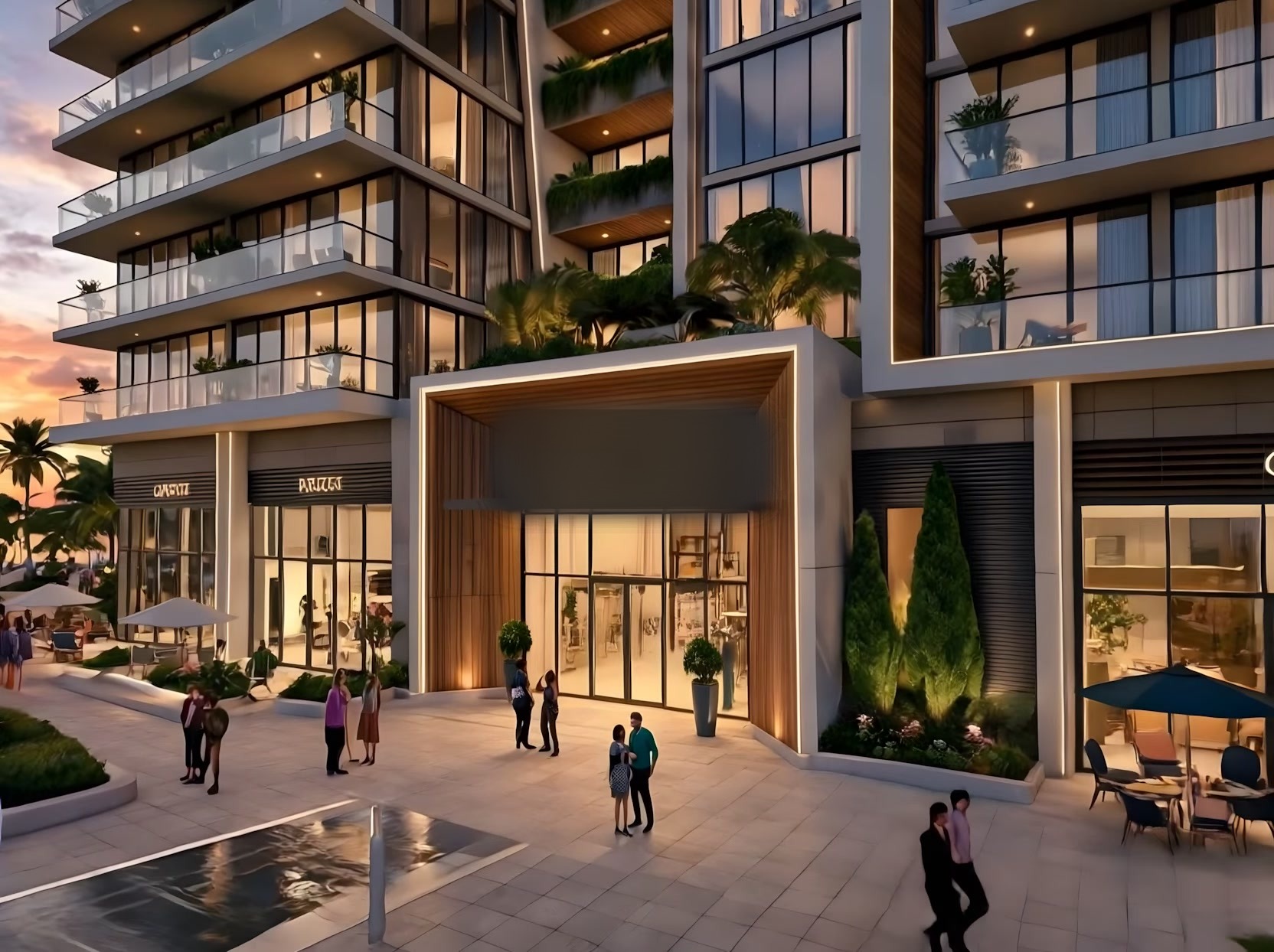 A luxury residential development entrance at golden hour
