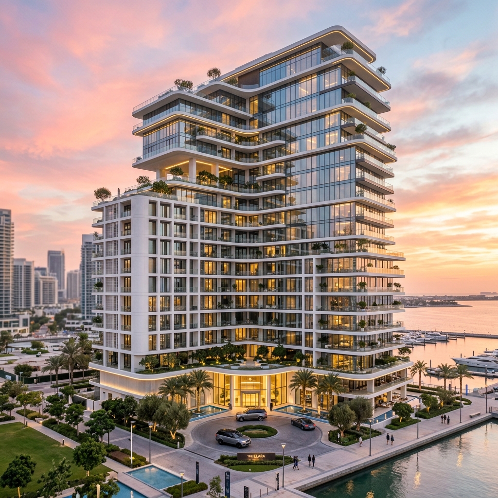 The Meridian — a waterfront tower at dusk