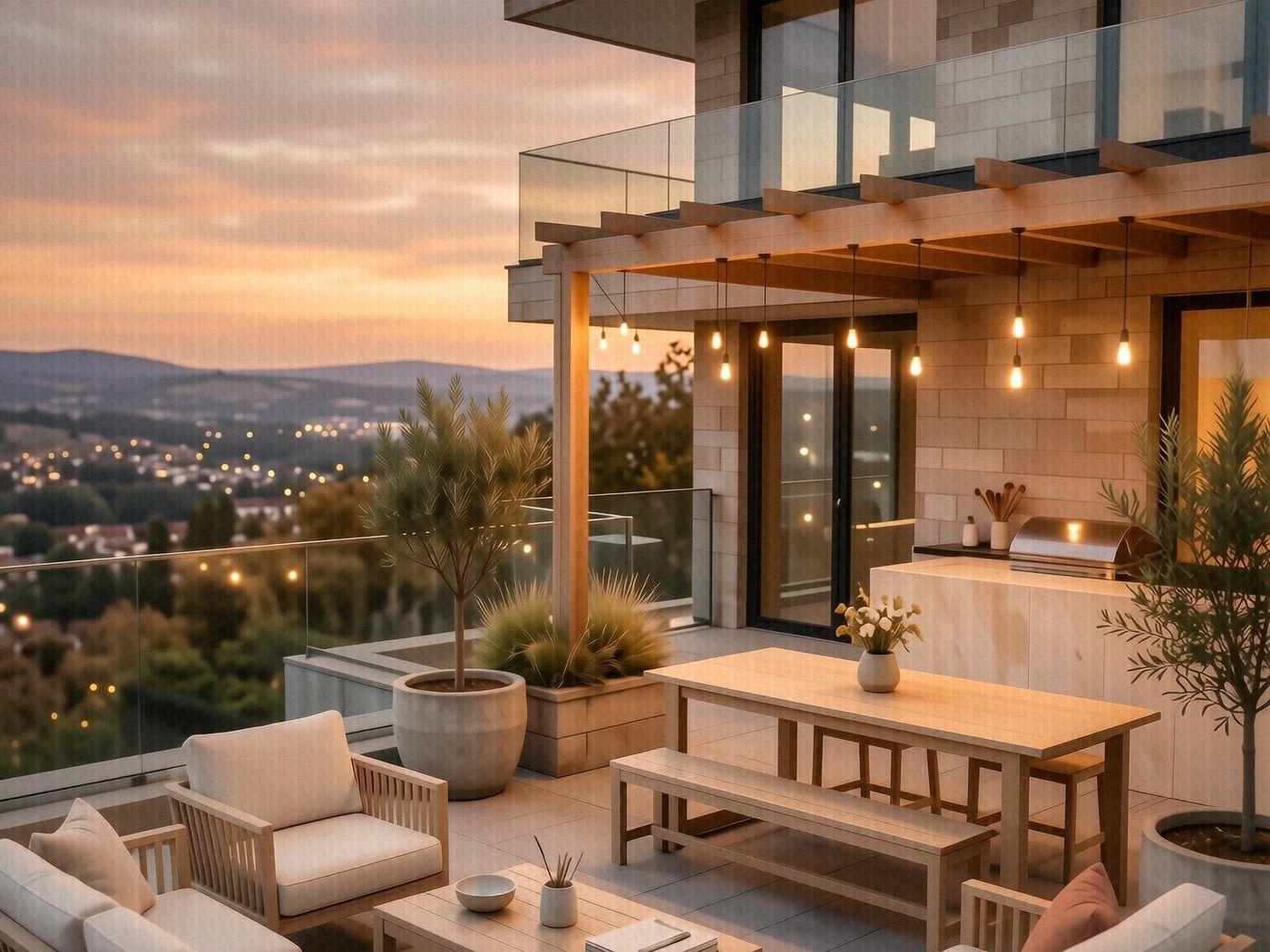 The roof terrace at The Halyard at dusk