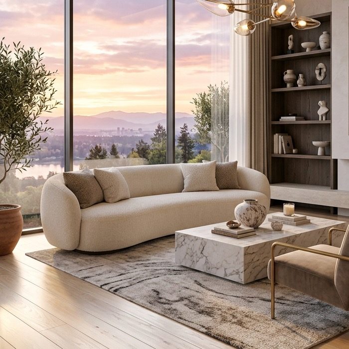 A residence interior at dusk, as shown to a buyer