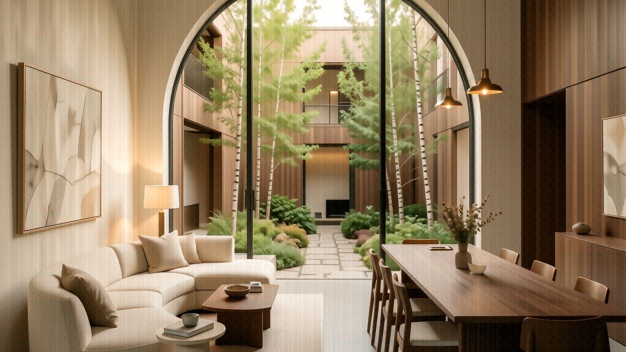 The residents' lounge, through the arch to the courtyard