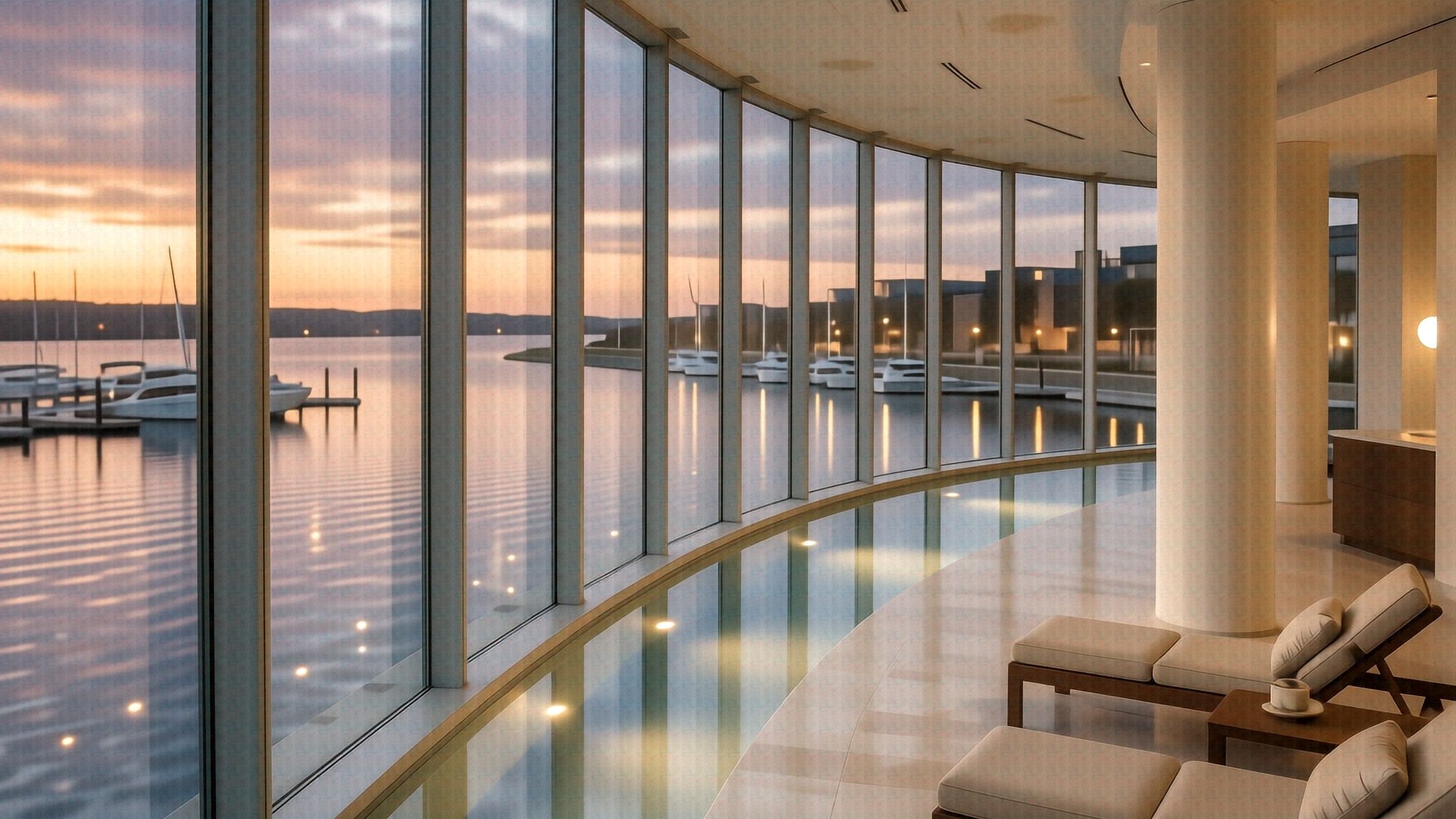 The pool on level 08, along the curved glazing over the marina