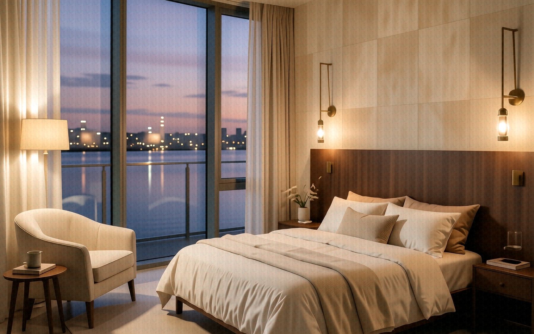 A Meridian principal bedroom, looking out through the curved glazing