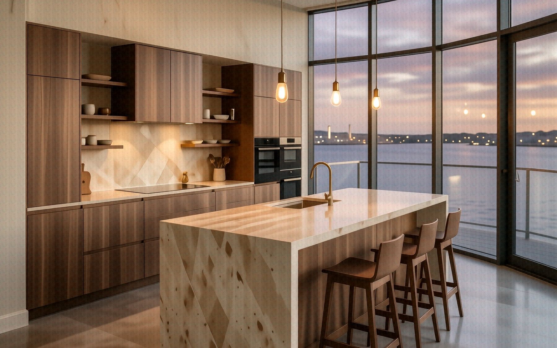 A Meridian kitchen, with the travertine island and walnut joinery