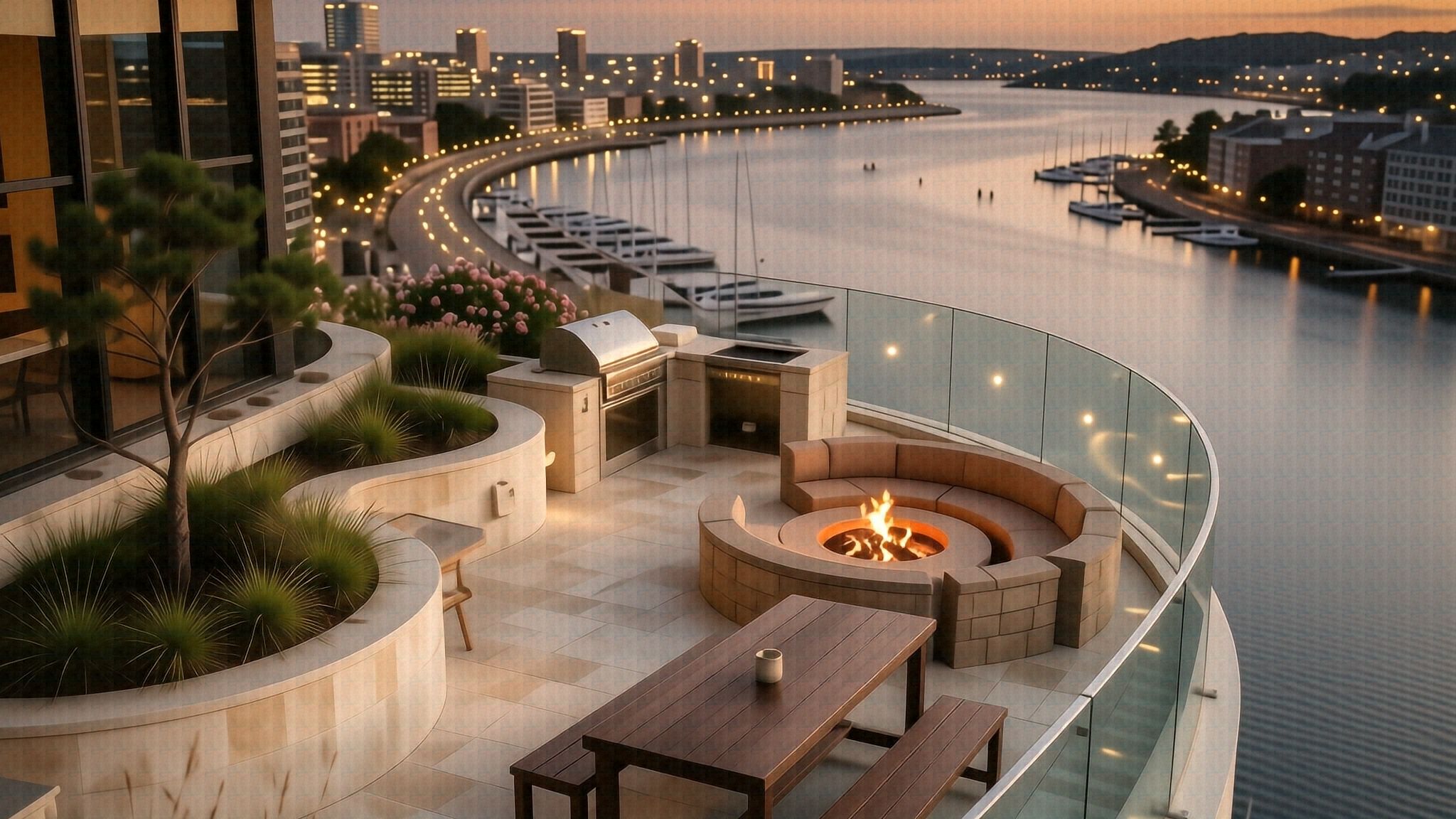 The roof terrace at dusk, with the fire pit and the long table