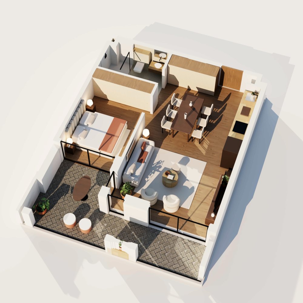The residence in 3D from the terrace side, walls cut at half height