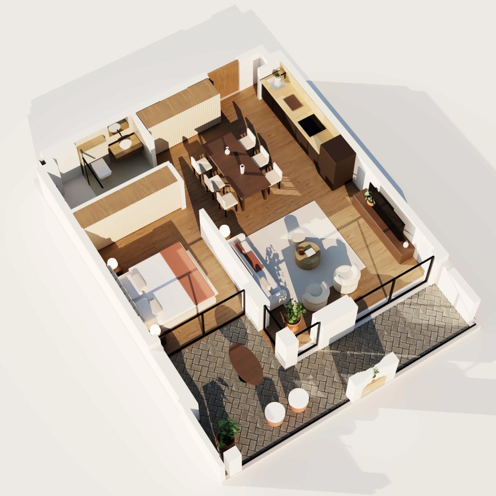 The residence in 3D from the kitchen side