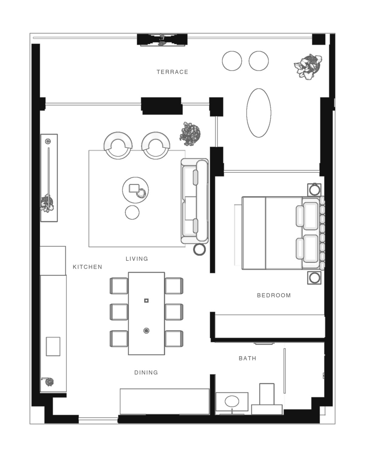 The architect's plan of a one bedroom residence with a terrace