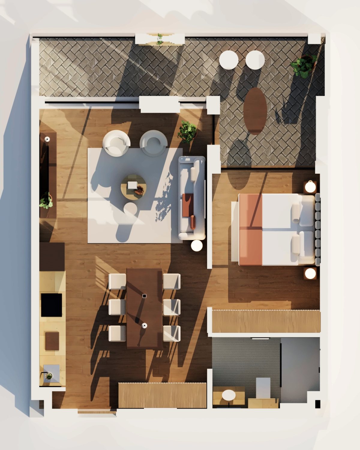 The same residence built in 3D, furnished and in afternoon light, seen from above