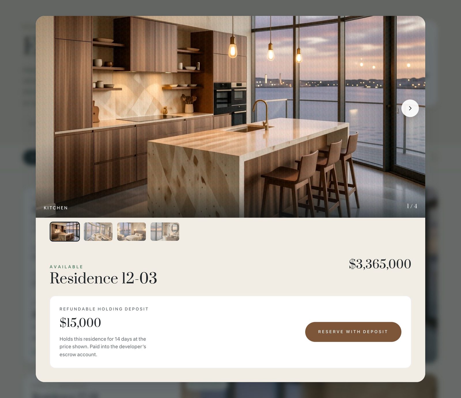 A buyer reserving residence 12-03 with a refundable $15,000 deposit
