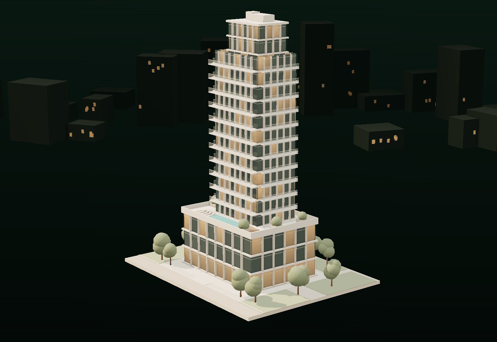 A residential tower drawn from its floor plans, finished and lit at dusk